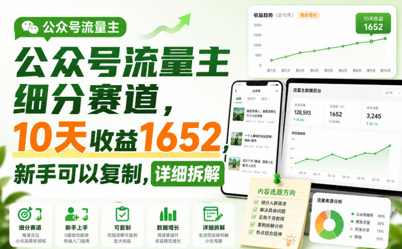 公众号流量主细分赛道，10天收益1652，新手可以复制，详细拆解-云途创业网