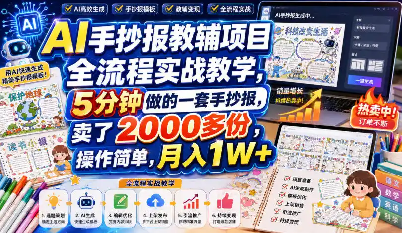 AI手抄报教辅项目全流程实战教学，5分钟做的一套手抄报，卖了2000多份，操作简单，月入1W+-云途创业网