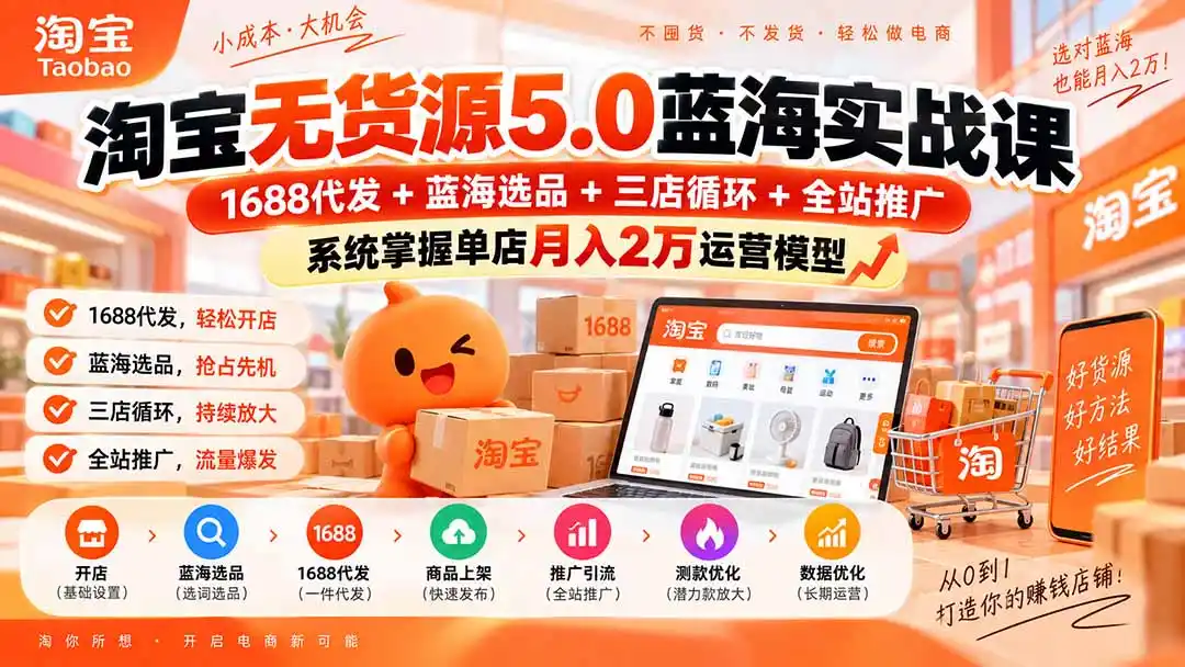 淘宝无货源5.0蓝海实战课-更新：1688代发+蓝海选品+三店循环+全站推广，系统掌握单店月入2万运营模型-云途创业网