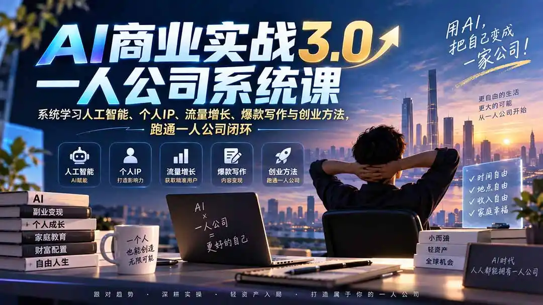 AI商业实战3.0一人公司系统课：系统学习人工智能、个人IP、流量增长、爆款写作与创业方法，跑通一人公司闭环-云途创业网