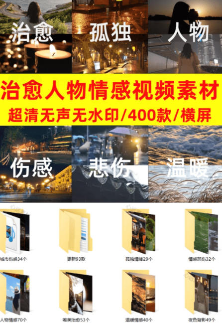 爆款短视频常用视频素材！抖音治愈伤感人物情感视频素材，400款合集，无声无水印，视频感氛围拉满-云途创业网