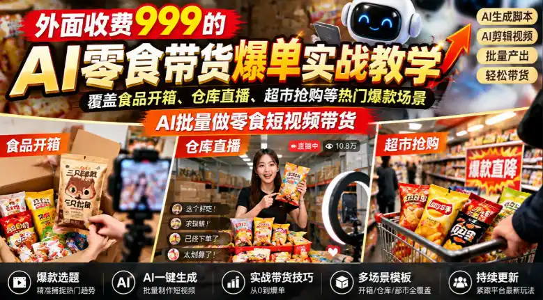外面收费999的AI零食带货爆单实战教学，覆盖食品开箱、仓库直播、超市抢购等热门爆款场景，AI批量做零食短视频带货