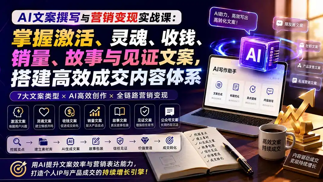 AI文案撰写与营销变现实战课：掌握激活、灵魂、收钱、销量、故事与见证文案，搭建高效成交内容体系-云途创业网