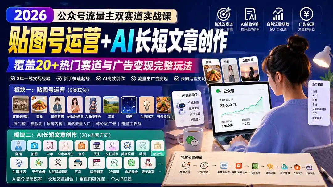 公众号流量主双赛道实战课：贴图号运营+AI长短文章创作，覆盖20+热门赛道与广告变现完整玩法-云途创业网