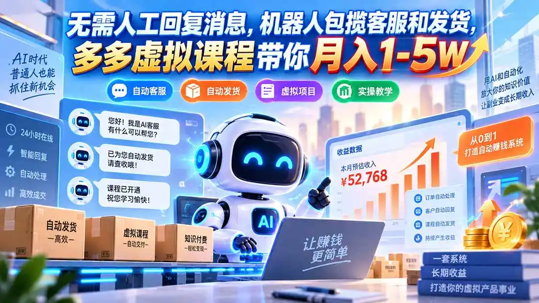 无需人工回复消息，机器人包揽客服和发货，多多虚拟课程带你月入1-5W-云途创业网