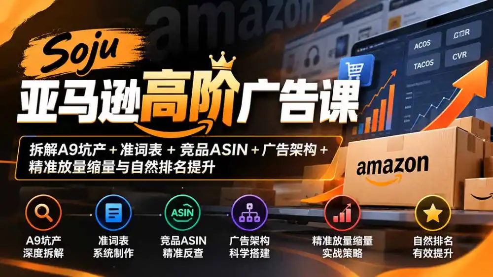 Soju亚马逊高阶广告课：拆解A9坑产+准词表+竞品ASIN+广告架构+精准放量缩量与自然排名提升-云途创业网