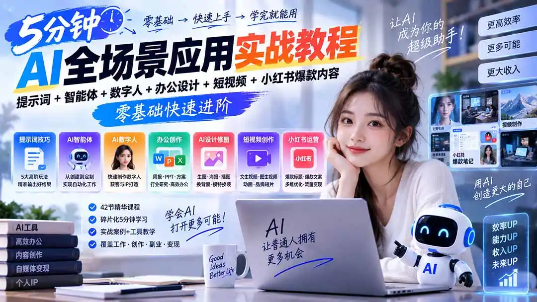 AI全场景应用实战教程｜提示词+智能体+数字人+办公设计+短视频+小红书爆款内容，零基础快速进阶-云途创业网