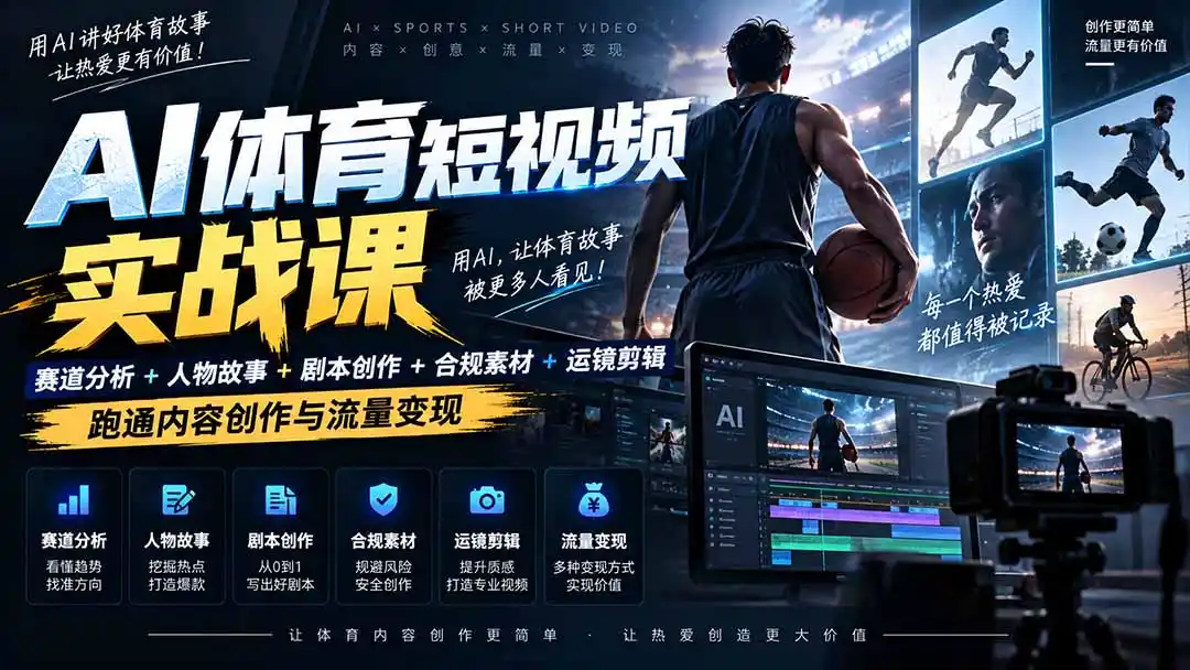 AI体育短视频赛道顶级玩法｜赛道分析+人物故事+剧本创作+版权处理+运镜剪辑，跑通流量变现-日赚1K+-云途创业网