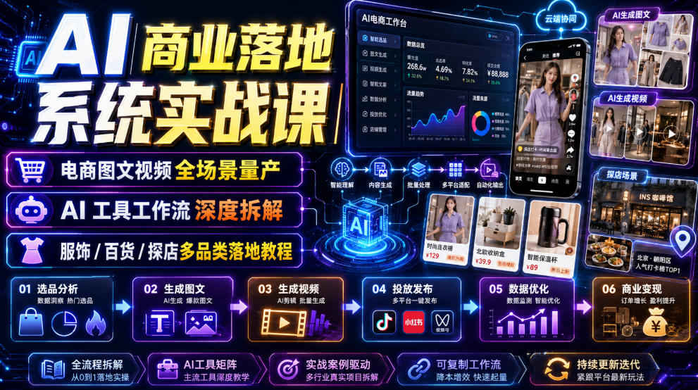 AI商业落地系统实战课|电商图文视频全场景量产・AI工具工作流深度拆解・服饰/百货/探店多品类落地教程-云途创业网