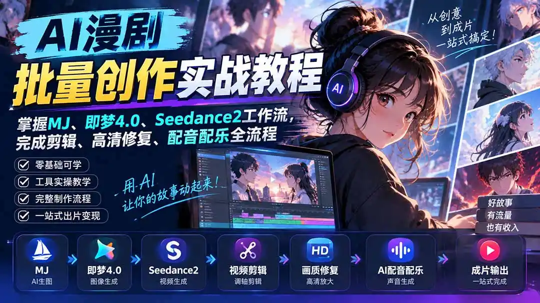 AI漫剧批量创作实战教程：掌握MJ、即梦4.0、Seedance2工作流，完成剪辑、高清修复、配音配乐全流程-云途创业网