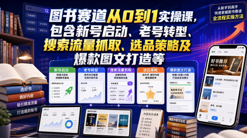 图书赛道从0到1实操课，包含新号启动、老号转型、搜索流量抓取、选品策略及爆款图文打造等-云途创业网