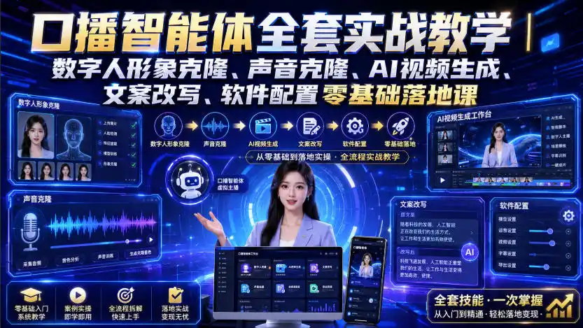 口播智能体全套实战教学｜数字人形象克隆、声音克隆、AI视频生成、文案改写、软件配置零基础落地课-云途创业网