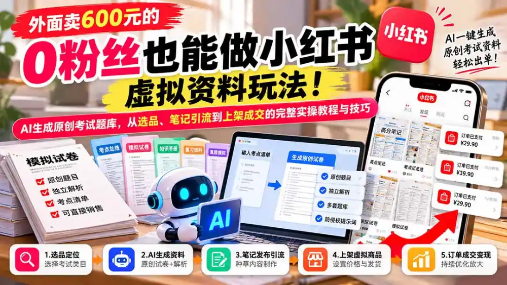 外面卖600元的 零粉丝也能做小红书虚拟资料玩法！AI生成原创考试题库，从选品、笔记引流到上架成交的完整实操教程-云途创业网