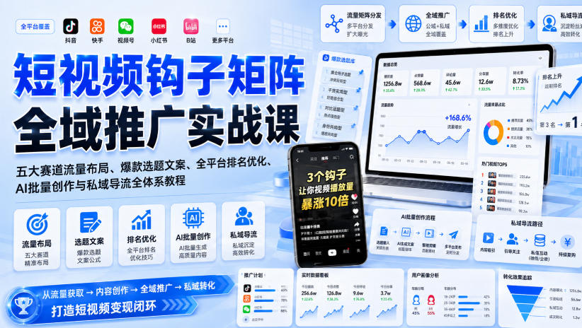 短视频钩子矩阵全域推广实战课｜五大赛道流量布局、爆款选题文案、全平台排名优化、AI批量创作与私域导流全体系教程-云途创业网