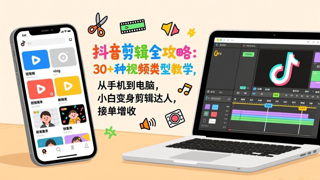 抖音剪辑全攻略：30+种视频类型教学，从手机到电脑，小白变身剪辑达人，接单增收-云途创业网