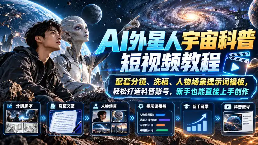 AI外星人宇宙科普短视频教程，配套分镜、洗稿、人物场景提示词模板，轻松打造科普账号，新手也能直接上手创作-云途创业网