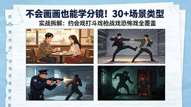 不会画画也能学分镜！30+场景类型实战拆解：约会戏打斗戏枪战戏恐怖戏全覆盖-云途创业网