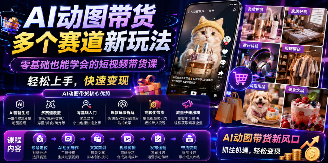 AI动图带货多个赛道新玩法，零基础也能学会的短视频带货课，轻松上手，快速变现-云途创业网