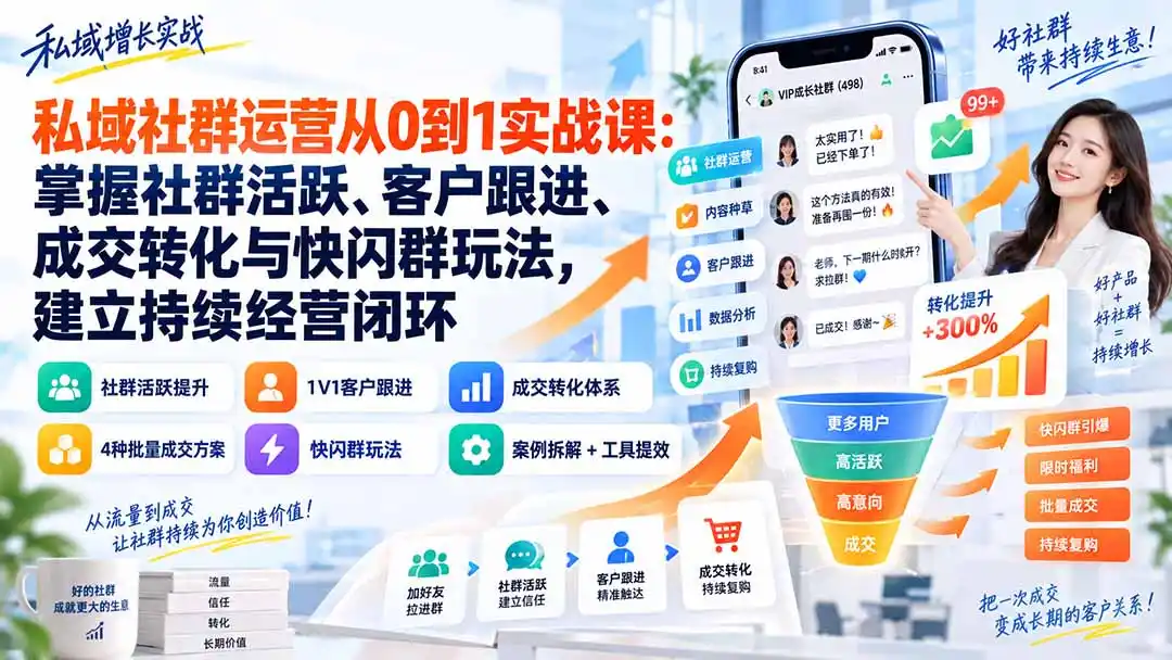 私域社群运营从0到1实战课：掌握社群活跃、客户跟进、成交转化与快闪群玩法，建立持续经营闭环-云途创业网