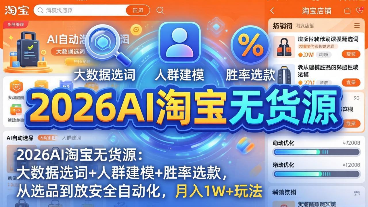 2026AI淘宝无货源-4月更新：大数据选词+人群建模+胜率选款，从选品到放大全自动化，月入1W+玩法-云途创业网