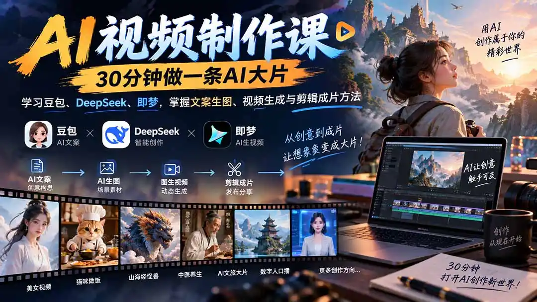 AI视频制作课-30分钟做一条AI大片：学习豆包、DeepSeek、即梦，掌握文案生图、视频生成与剪辑成片方法-云途创业网