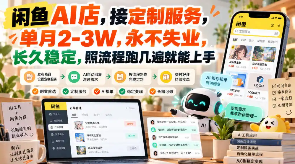 闲鱼AI店，接定制服务，单月2-3W，永不失业，长久稳定，照流程跑几遍就能上手-云途创业网