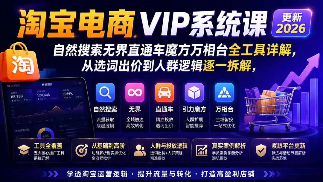 淘宝电商VIP系统课-更新8月;自然搜索无界直通车魔方万相台全工具详解,从选词出价到人群逻辑逐一拆解-云途创业网