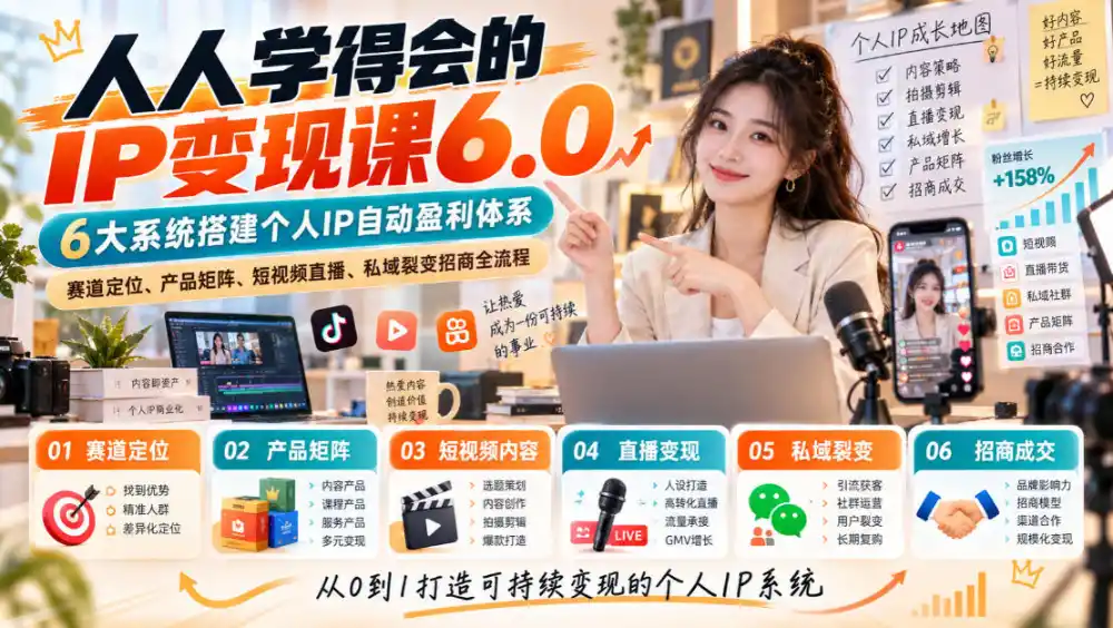 人人学得会的IP变现课6.0，6大系统搭建个人IP自动盈利体系，赛道定位、产品矩阵、短视频直播、私域裂变招商全流程-云途创业网