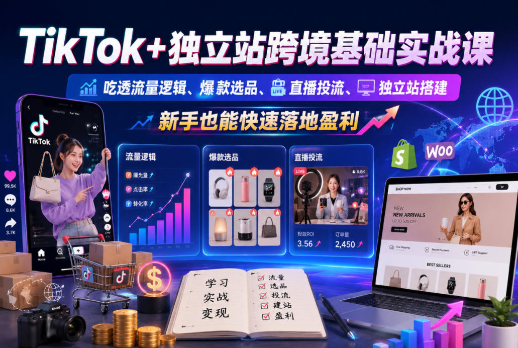 TikTok+独立站跨境基础实战课,吃透流量逻辑、爆款选品、直播投流与独立站搭建,新手也能快速落地盈利-云途创业网