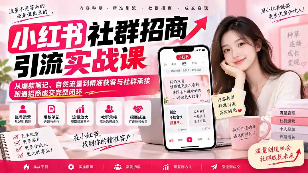 小红书社群招商引流实战课-无水印：从爆款笔记、自然流量到精准获客与社群承接，跑通招商成交完整闭环-云途创业网