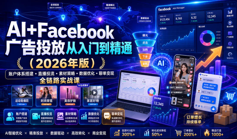 AI+Facebook广告投放从入门到精通(2026年版)｜账户体系搭建・直播投流・素材策略・数据优化・聊单变现全链路实战课-云途创业网