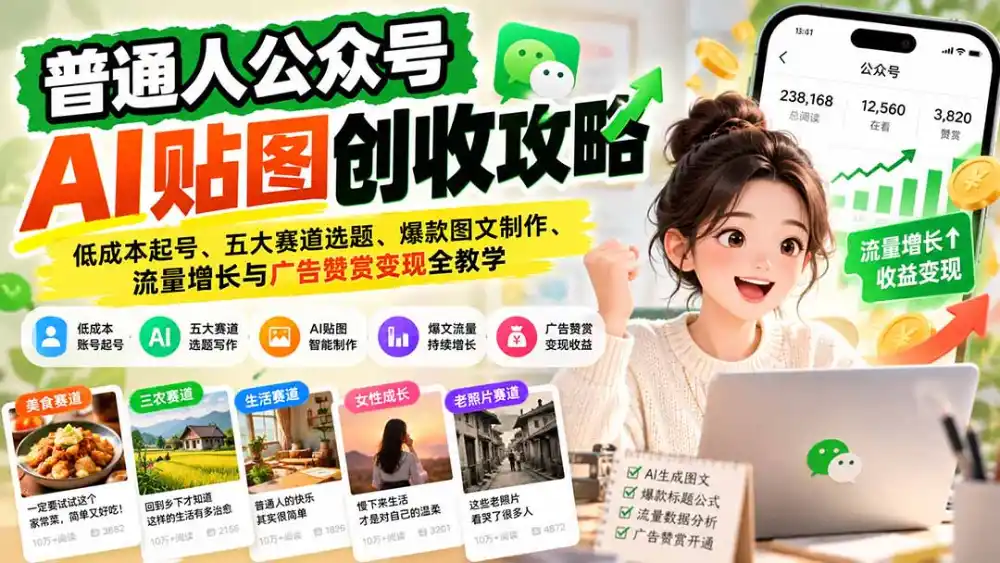 普通人公众号AI贴图创收攻略:低成本起号、五大赛道选题、爆款图文制作、流量增长与广告赞赏变现全教学-云途创业网