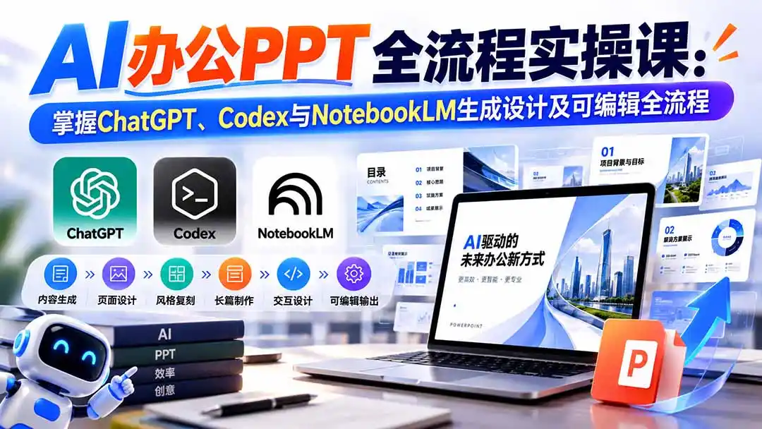 【无水印】AI办公PPT全流程实操课： 掌握ChatGPT、Codex与NotebookLM生成设计及可编辑全流程-云途创业网