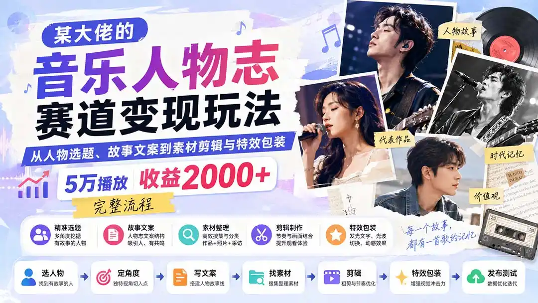 某大佬的音乐人物志赛道变现玩法：从人物选题、故事文案到素材剪辑与特效包装，5万播放收益2000+完整流程-云途创业网