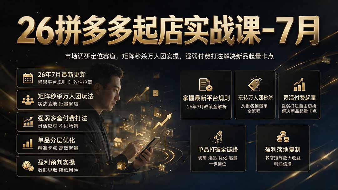 26拼多多起店实战课-7月｜市场调研定位赛道，矩阵秒杀万人团实操，强弱付费打法解决新品起量卡点-云途创业网