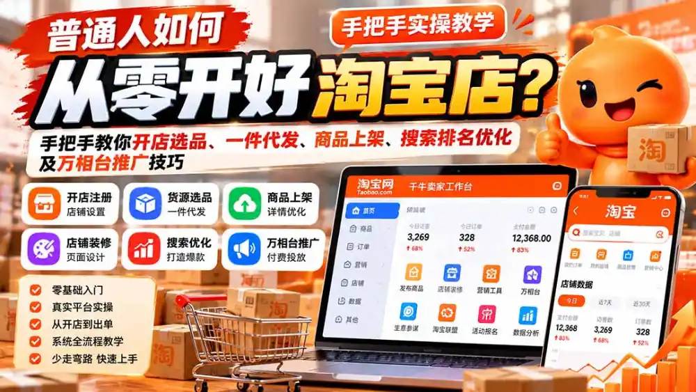 普通人如何从零开好淘宝店？手把手教你开店选品、一件代发、商品上架、搜索排名优化及万相台推广技巧