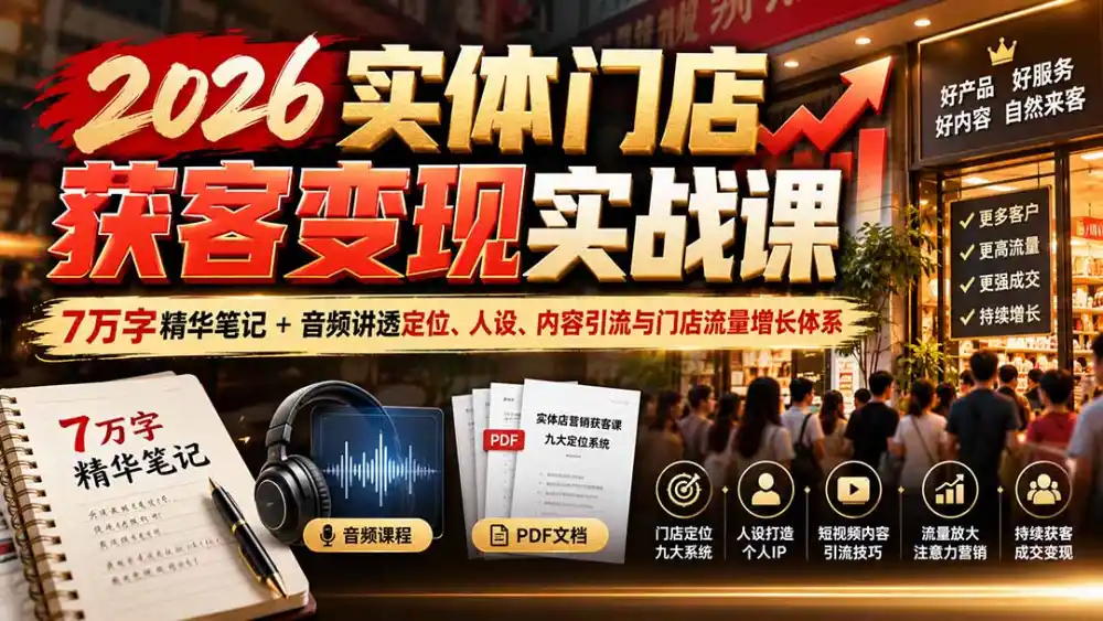 2026实体门店获客变现实战课：7万字精华笔记+音频讲透定位、人设、内容引流与门店流量增长体系-云途创业网