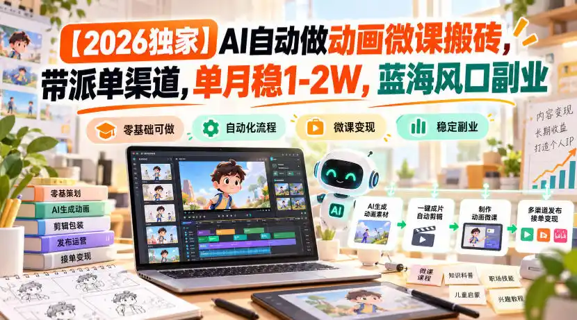 【2026独家】AI自动做动画微课搬砖，带派单渠道，单月稳1-2W，蓝海风口副业【揭秘】-云途创业网