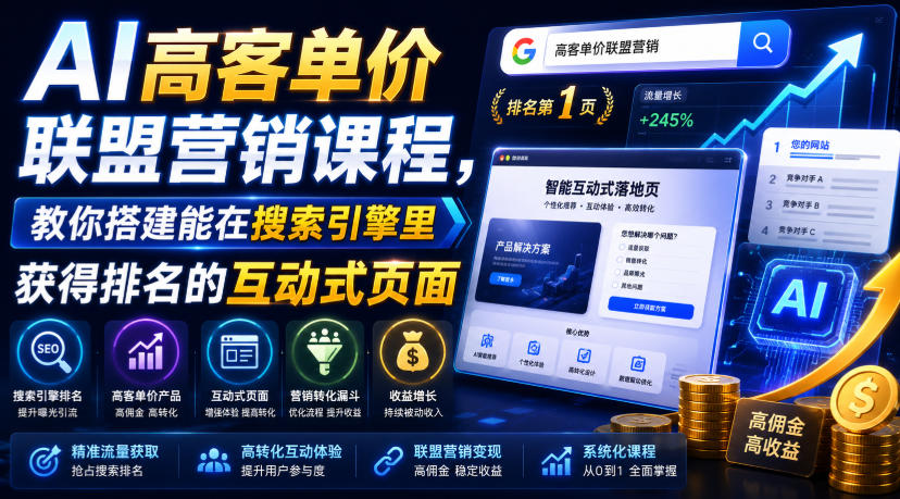 AI高客单价联盟营销课程，教你搭建能在搜索引擎里获得排名的互动式页面，引来流量，把访客转化为高佣金的成交【原创双语字幕】-云途创业网
