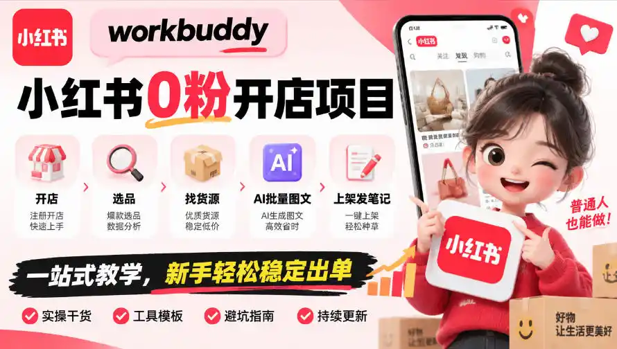 workbuddy小红书0粉开店项目，开店、选品、找货源、AI批量图文、上架发笔记一站式教学，新手轻松稳定出单-云途创业网