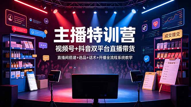 主播特训营：视频号+抖音双平台直播带货，直播间搭建+选品+话术+开播全流程系统教学-云途创业网