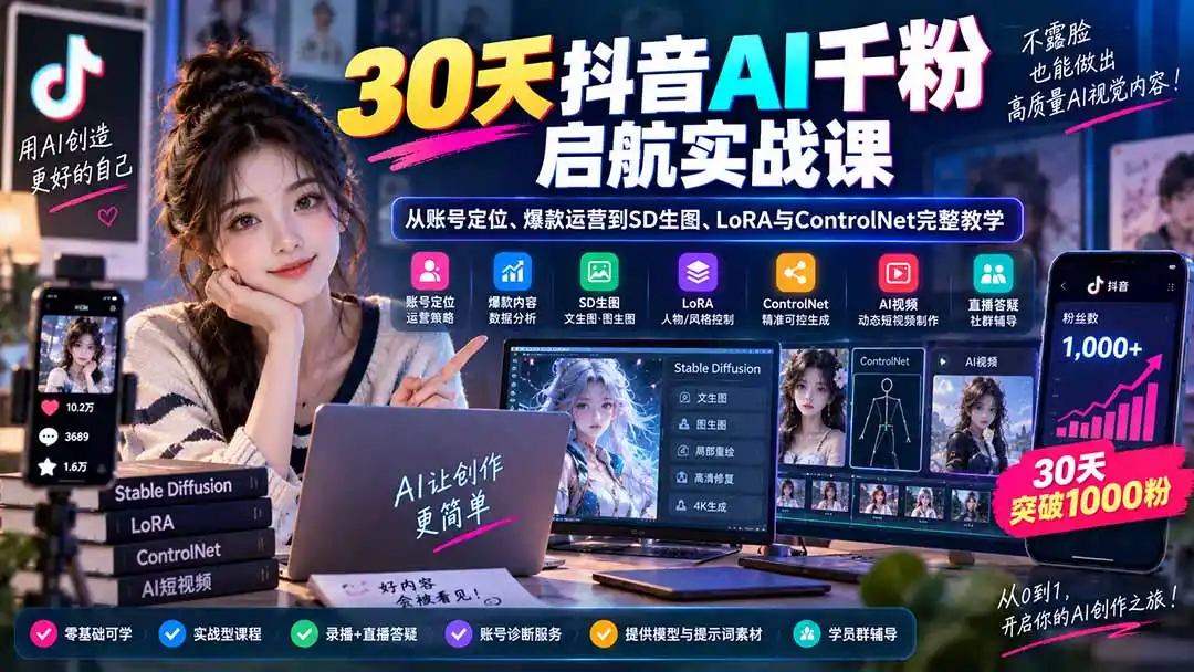 30天抖音AI千粉启航实战课：从账号定位、爆款运营到SD生图、LoRA与ControlNet完整教学-云途创业网