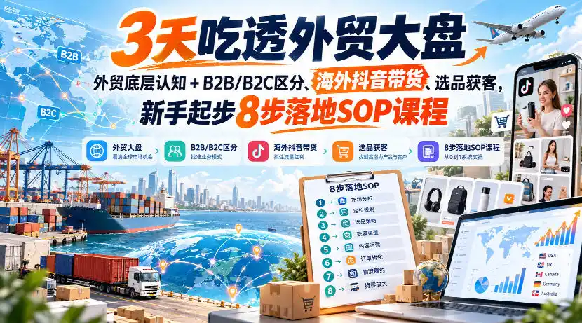 3天吃透外贸大盘，外贸底层认知+B2B/B2C区分、海外抖音带货、选品获客，新手起步8步落地SOP课程-云途创业网