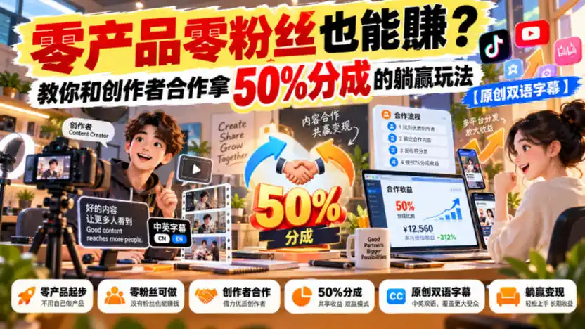 【无水印】零产品零粉丝也能賺？教你和创作者合作拿50%分成的躺赢玩法【原创双语字幕】-云途创业网