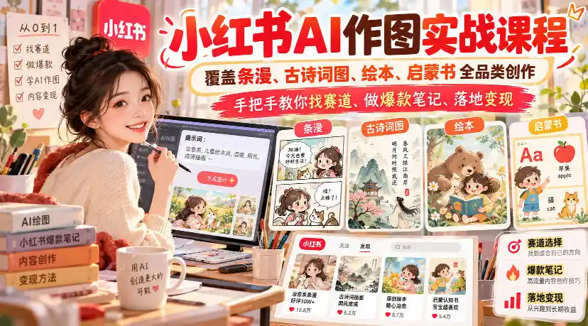 小红书AI作图实战课程，覆盖条漫、古诗词图、绘本、启蒙书全品类创作，手把手教你找赛道、做爆款笔记、落地变现(更新1009)-云途创业网