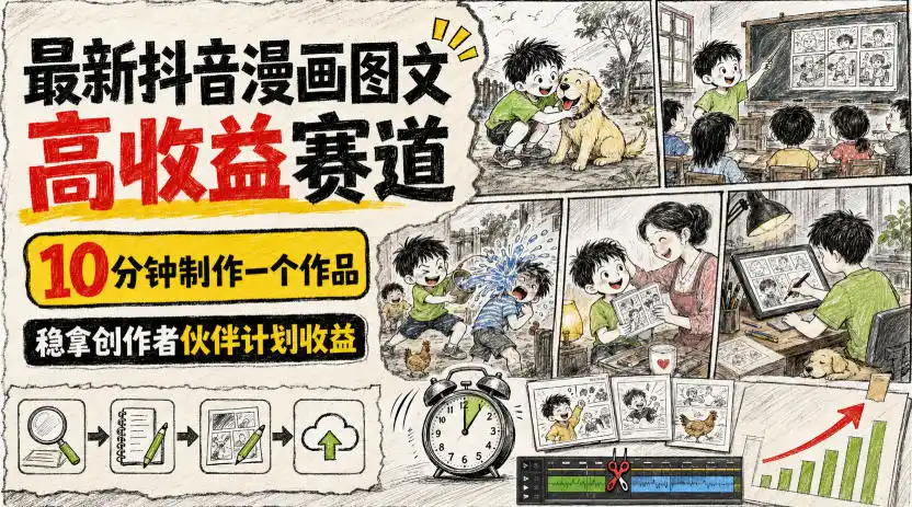 最新抖音漫画图文高收益赛道，10分钟制作一个作品，稳拿创作者伙伴计划收益-云途创业网