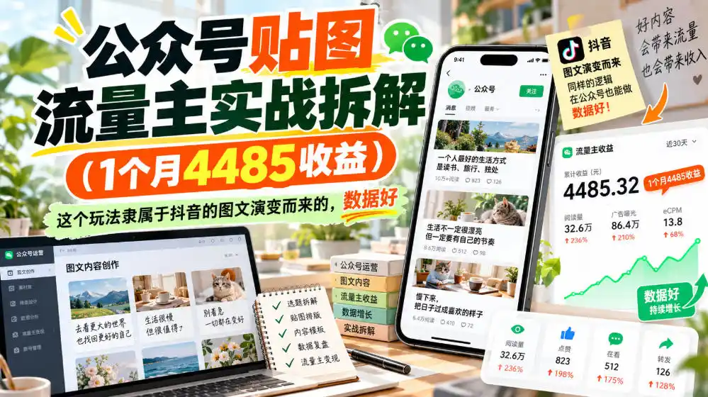 公众号贴图流量主实战拆解(1个月4485收益)，这个玩法隶属于抖音的图文演变而来的，数据好-云途创业网