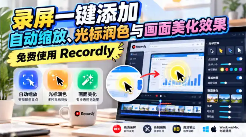 录屏一键添加自动缩放、光标润色与画面美化效果，免费使用Recordly-云途创业网