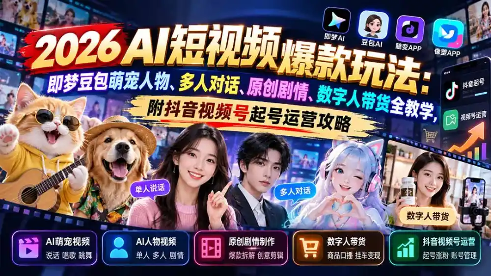 2026AI短视频爆款玩法：即梦豆包萌宠人物、多人对话、原创剧情、数字人带货全教学，附抖音视频号起号运营攻略-云途创业网
