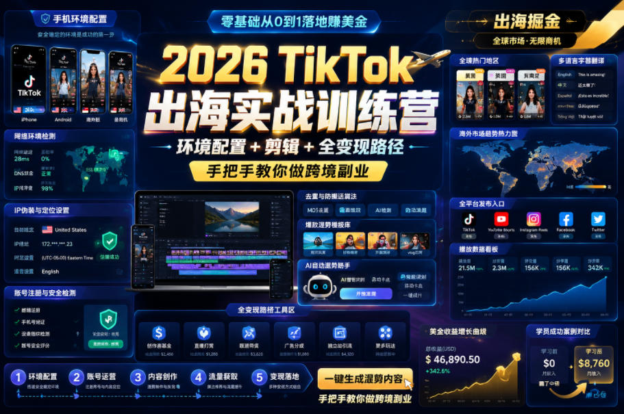 2026 TikTok出海实战训练营，环境配置 + 剪辑 + 全变现路径，手把手教你做跨境副业-云途创业网